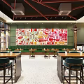 Modern Café Interior Design With Green Chairs Wooden Walls And Round Tables
