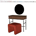 Wooden Dressing Table With Round Mirror And Red Upholstered Stool 3d model