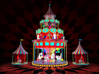 Colorful Circus Carousel With Decorative Horses And Small Tents On Checkered Background 3d model