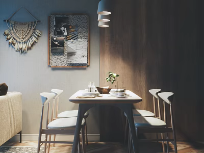 Cozy Restaurant Dining Area With Wooden Table White Chairs Pendant Lights Tableware And Green Plant 3d model