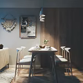 Cozy Restaurant Dining Area With Wooden Table White Chairs Pendant Lights Tableware And Green Plant