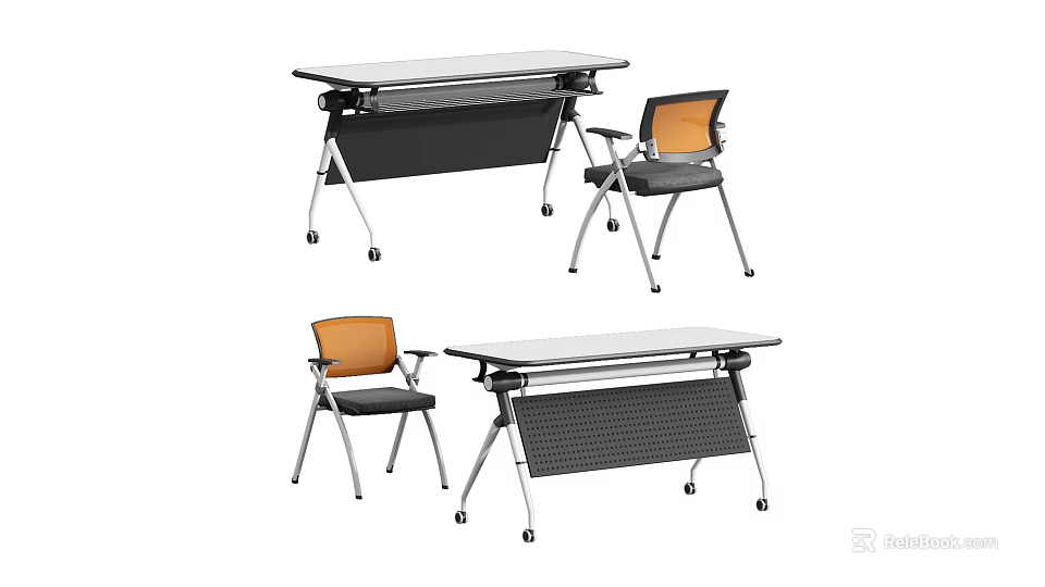 Modern Folding Desk With Wheels And Matching Orange Black Chairs Design 3d model 