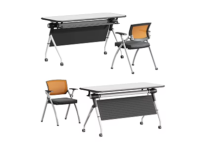 Modern Folding Desk With Wheels And Matching Orange Black Chairs Design 3d model