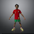 Man wearing red number 7 jersey green shorts yellow socks shoes against gray background