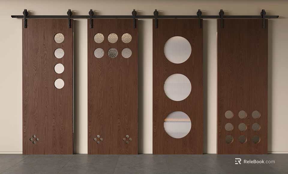Wooden Brown Barn Doors With Circular Decorations And Sliding Track Design 3d model 