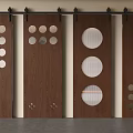 Wooden Brown Barn Doors With Circular Decorations And Sliding Track Design