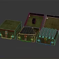 Vintage Green Metal Storage Boxes With Open Lids And Rustic Tools Inside 3d model
