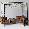 Cozy Outdoor Sofa Under Pergola With String Lights Coffee Table And Chalkboard Sign 3d model