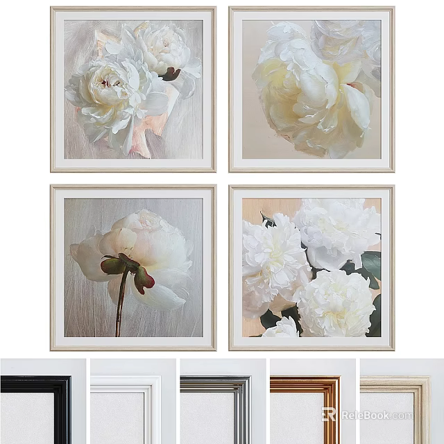 Decorative Picture Frames With White Peony Paintings And Various Color Options 3d model 