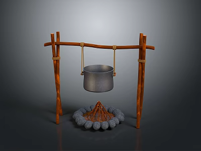 Rustic Outdoor Cooking Structure With Hanging Metal Pot And Stone Fire Pit 3d model