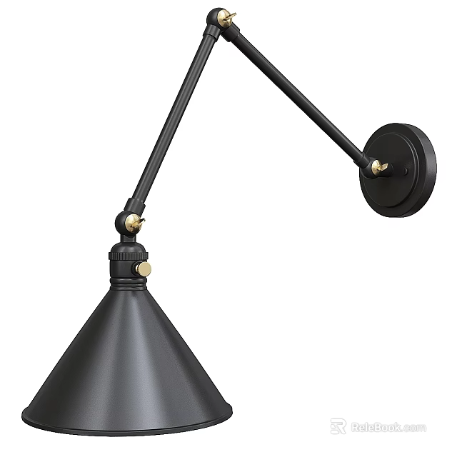 Modern Black Wall Lamp With Adjustable Metal Arm And Conical Shade 3d model 