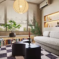 Modern Living Room Interior With Arched Floor Lamp Beige Sofa Checkered Rug And Decorative Shelves