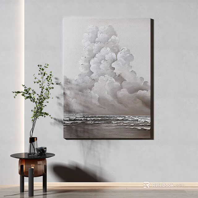 Gray Clouds And Sea Waves Abstract Wall Art With Vase On Table 3d model 