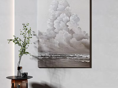 Gray Clouds And Sea Waves Abstract Wall Art With Vase On Table 3d model