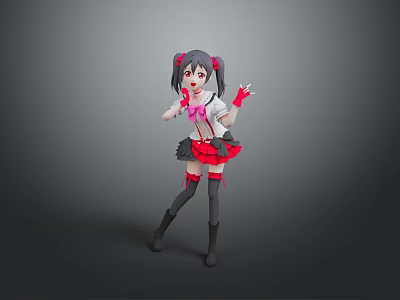 3D Model Woman With Red Ponytails White Top Black Skirt Red Bow And Posing With Raised Hand 3d model