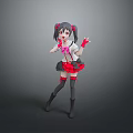 3D Model Woman With Red Ponytails White Top Black Skirt Red Bow And Posing With Raised Hand