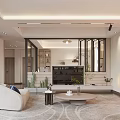 Modern Living and Dining Room Interior With Curved Sofa Decorative Painting And Ambient Lighting