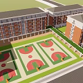 Retro Red Brick School Middle School Education Building Campus Teaching Building Playground 3d model