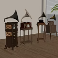 Vintage Gramophones On Wooden Stands In Modern Interior With Large Window