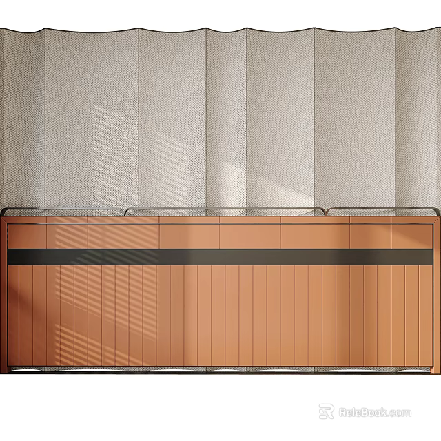 Gray Vertical Striped Bed Background Wall With Brown Wooden Cabinet Black Strip And Sunlight Shadows 3d model 