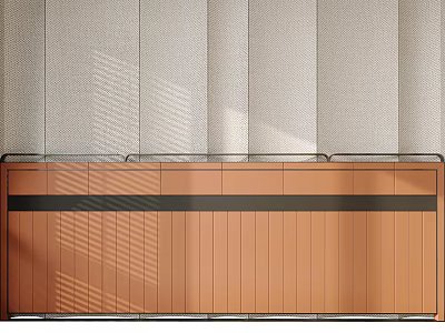 Gray Vertical Striped Bed Background Wall With Brown Wooden Cabinet Black Strip And Sunlight Shadows 3d model