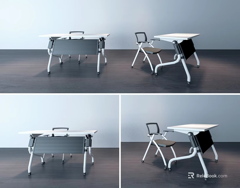 Modern Office Desk Design With White Top Metal Frame And Chair 3d model 