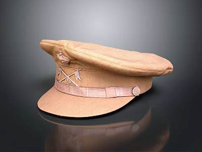 Brown Military Hat With Embroidered Badge Leather Strap And Classic Brim 3d model