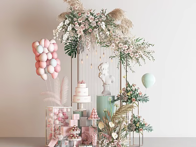 Pastel Themed Party Decoration With Pink Balloons Cake Display And Flower Arrangements 3d model