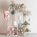 Pastel Themed Party Decoration With Pink Balloons Cake Display And Flower Arrangements