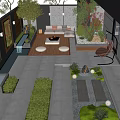 Modern Courtyard Garden Design With Fountain Sofa Seating Green Plants Lighting And Wooden Patio