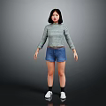 Woman Standing In Gray Striped Sweater Blue Denim Shorts Black Socks And White Sneakers