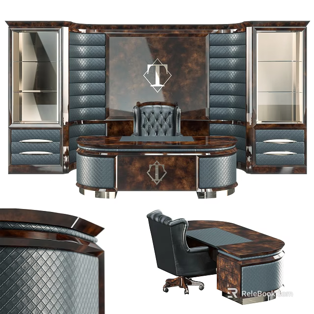 Luxurious Executive Office Desk With Leather Upholstery Wooden Surface Matching Chair And Storage Cabinets 3d model 