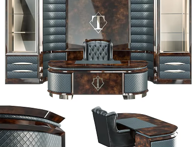 Luxurious Executive Office Desk With Leather Upholstery Wooden Surface Matching Chair And Storage Cabinets 3d model