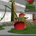 Interactive Zone With Giant Tomato Orange Cherry Sculptures Flowers And Mall Area