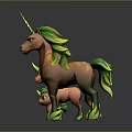 Three Unicorns With Green Manes Horns And Brown Bodies On Reflective Surface