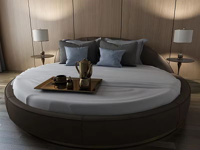 Elegant Round Bed in Modern Bedroom With Wooden Walls Nightstands Table Lamps and Tray 3d model