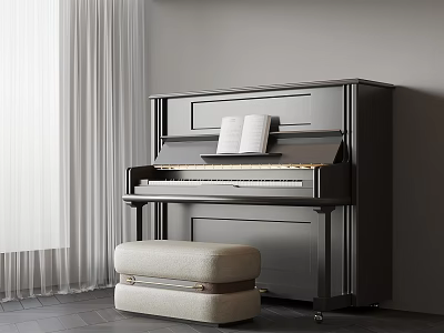 Dark Colored Piano With Open Sheet Music And Beige Bench In Modern Interior 3d model