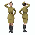 Two Rigged 3D Character Models in Green Uniform Dress with Belt and Boots
