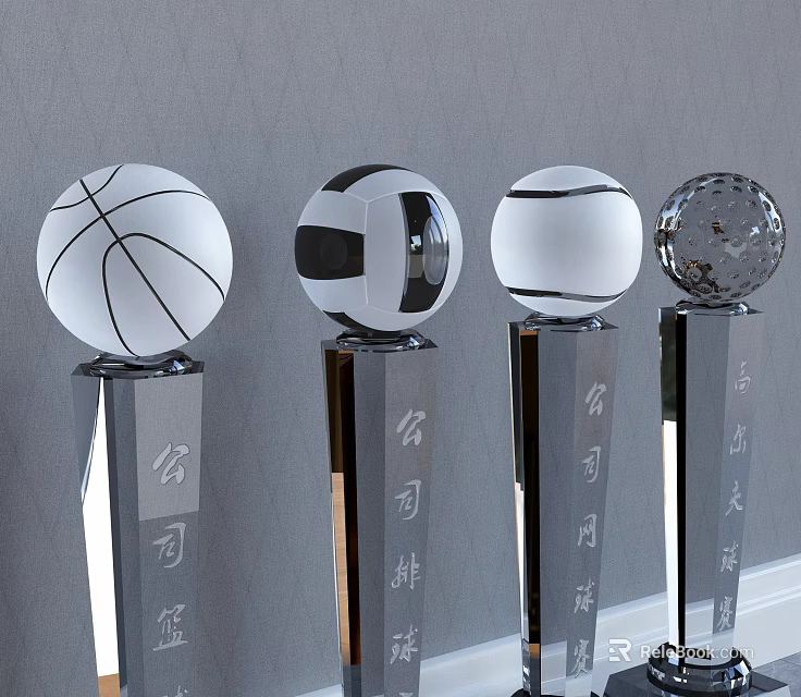 Crystal Company Award Trophies With Basketball Volleyball And Clear Sphere Tops 3d model 
