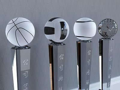 Crystal Company Award Trophies With Basketball Volleyball And Clear Sphere Tops 3d model