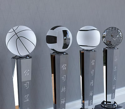 Crystal Company Award Trophies With Basketball Volleyball And Clear Sphere Tops 3d model