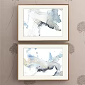 Two Framed Abstract Ink Paintings With Blue Gray White Watercolor Wall Art