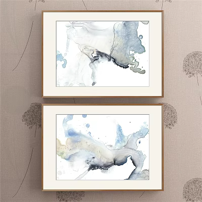 Two Framed Abstract Ink Paintings With Blue Gray White Watercolor Wall Art 3d model