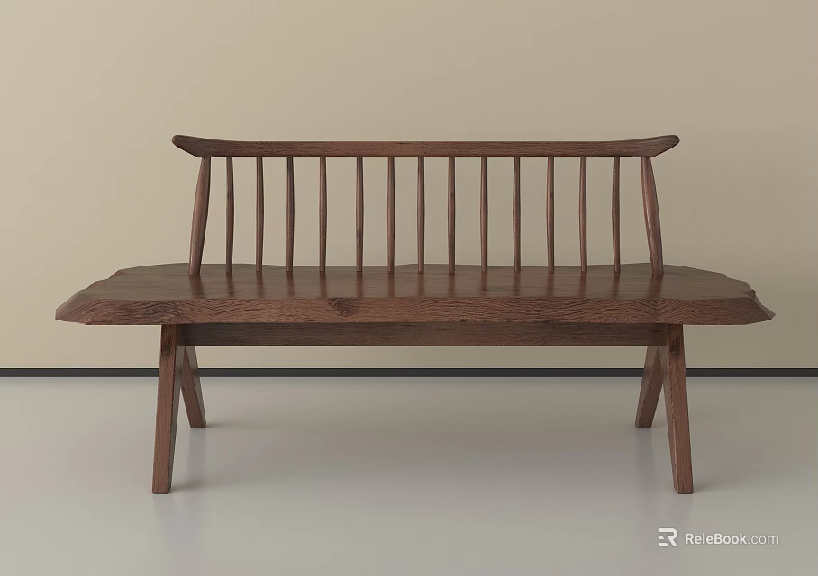 Modern Wooden Bench With Slatted Backrest Curved Top Rail And Tapered Legs 3d model 