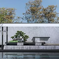 Contemporary Scenic Wall Featuring Stone Texture And Pine Tree By Water Pool