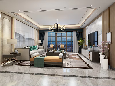 Modern Chinese Living Room Interior With Chandelier Sofa And Mountain Landscape Painting 3d model