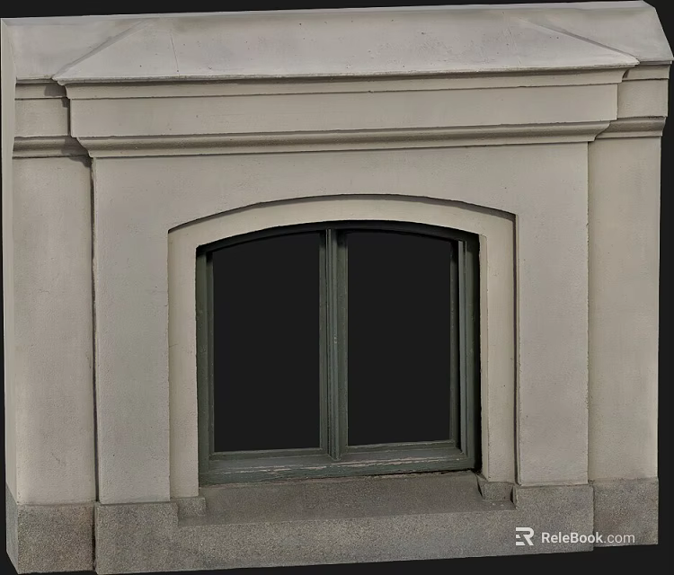 Light Colored Building Exterior Wall With Arched Double Paned Dark Frame Window And Decorative Moldings 3d model 