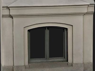 Light Colored Building Exterior Wall With Arched Double Paned Dark Frame Window And Decorative Moldings 3d model