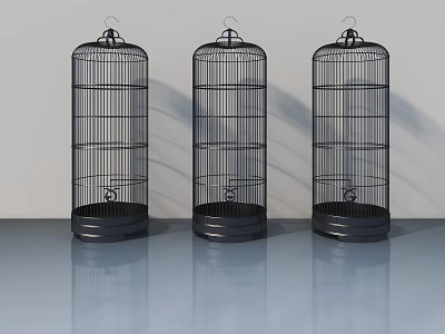 Three Black Metal Bird Cages With Side Hinged Doors And Round Bases On Smooth Surface 3d model