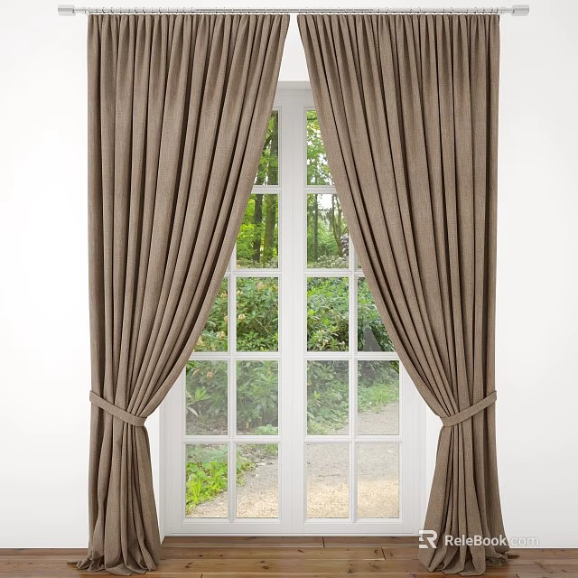 Brown Velvet Curtains Tied Back At White Window With Natural Greenery View 3d model 